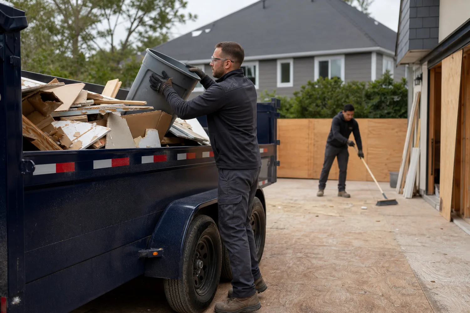 Junk removal crew loading residential renovation debris into a navy trailer