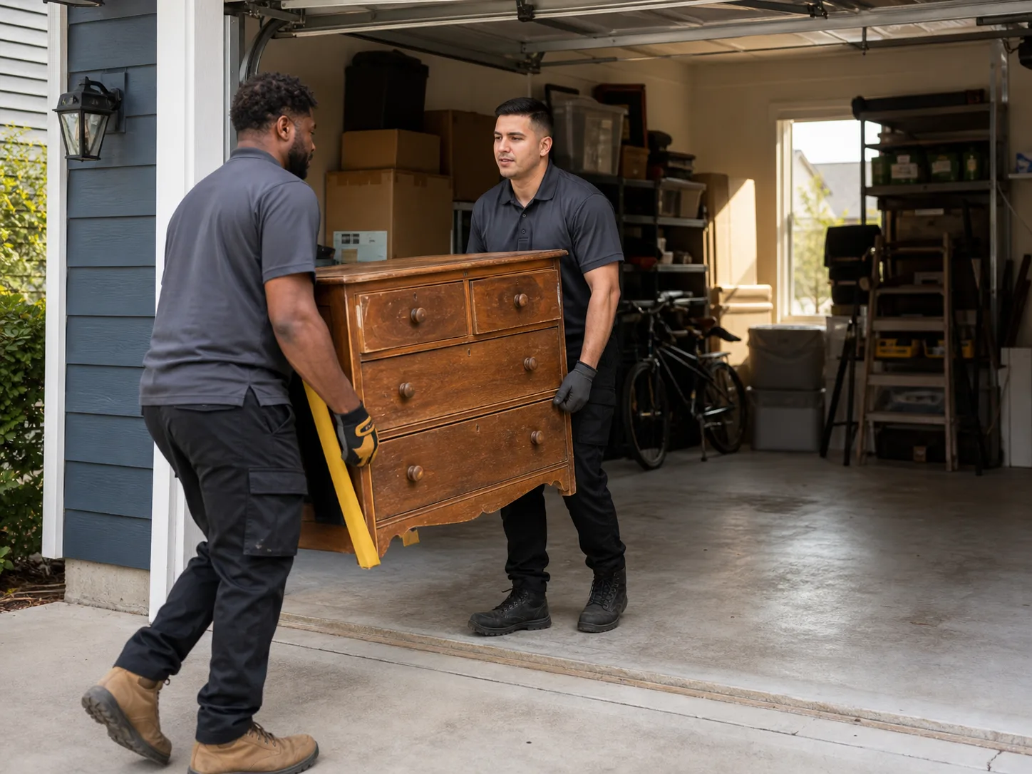 Demo junk removal crew carrying a dresser out of a garage